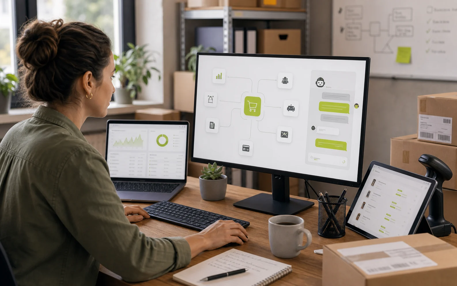Ilustrativní realistický vizuál k článku Automatizace e-shopu a AI napojení: kde šetří čas a kde může pomoci prodeji