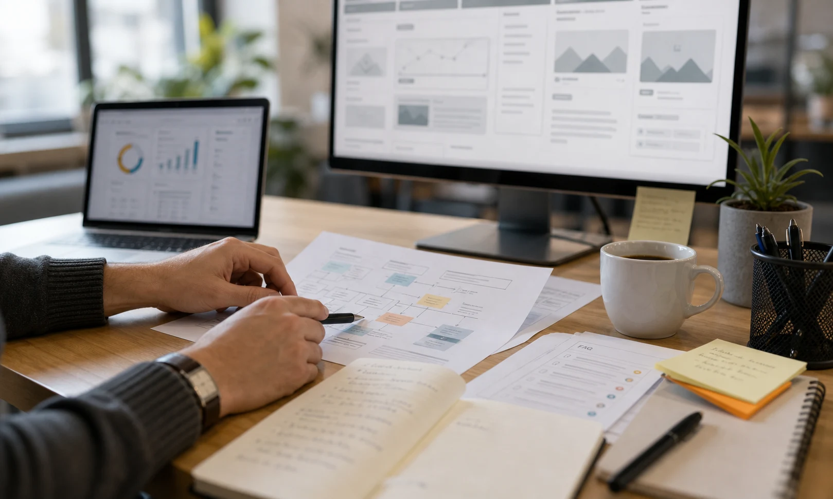 Practical website content audit with FAQ and service structure at a work desk